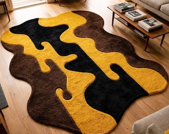 Melting Embossed 3D Hand Tufted Wool Modern Abstract Wavy Mustard, Black & Brown Area Rug, Irregular Shape Living Room Bedroom Decor Carpet