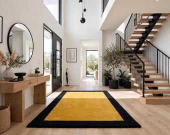 Handmade Mustard Yellow & Black Wool Rug | High Pile Tufted Rectangle Carpet for Living Room, Hall, Bedroom | Modern Decor
