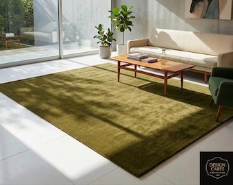 Hand-Tufted Olive Green Wool Rug, Modern Minimalist Living Room Carpet