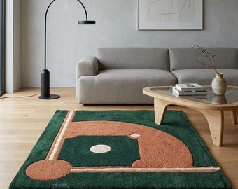 Green Baseball Field Modern Area Rug Hand Tufted Wool Baseball Diamond Carpet, Sports Nursery Decor, Kids Room Rug, Custom Gift for Baseball