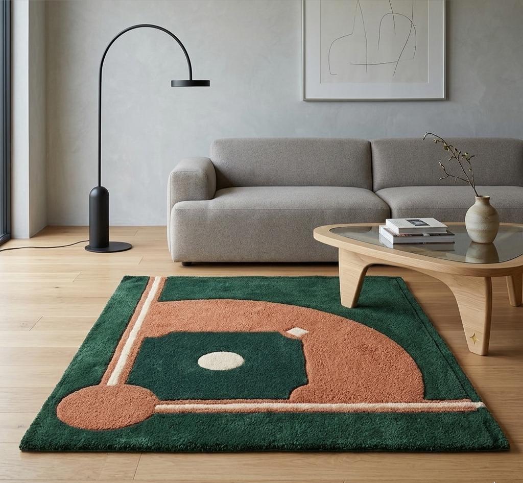 Baseball Rug Drawing Green Baseball Field Modern Area Rug Hand Tufted Wool Baseball Diamond ...