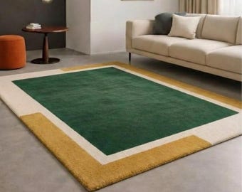 8X10 Hand Tufted Wool Green Mustard & Ivory Bordered Minimalist Color Block Rug for Contemporary Living Room Custom Size Bedroom Nursery Rug