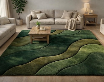 Modern Abstract 5X8 Moss Wavy Hand Tufted Wool 3D Handmade Wool Forest Wave Green Inspired Area Rug for Living Room Bedroom & Kids Carpet
