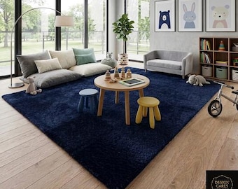 Navy Blue Hand Tufted Wool Rug, Modern Plush Area Rug Dark Blue Living Room Carpet, Luxury Minimalist Office Bedroom Rug and Home Decor