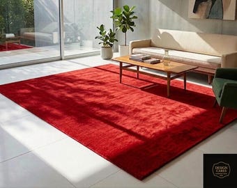 Solid Crimson Red Area Rug, Modern Hand Tufted Plush Living Room Carpet, Soft Minimalist Bedroom Rug, Custom Size Wool Carpet Home Decor