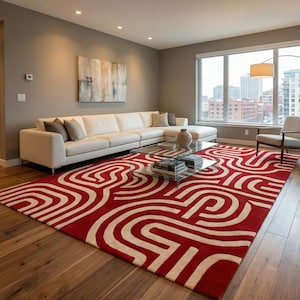 Red and Beige Geometric Sculptural Rug - 3D Carved Hand Tufted Area Carpet, Modern High Low Pile Decor for Living Room Home Decor