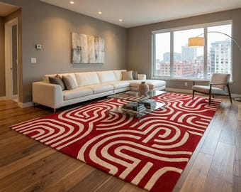 Red Geometric Wool Rug Handmade Tufted High Pile Labyrinth Pattern Retro Swirl Carpet for Living Room Bedroom Abstract Red Cream Rug