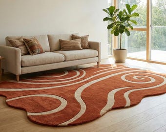 Hand Tufted Wool Rug, Abstract Swirl Organic Shape, Burnt Orange Beige Carpet for Living Room Bedroom Kitchen Minimalist Home Decor