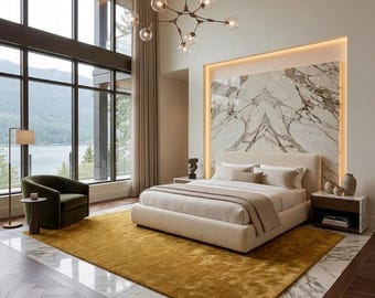Handmade Mustard Yellow Wool Rug Solid Gold High Pile Tufted Carpet for Bedroom Living Room Plush Rectangular Area Rug Modern Minimalist