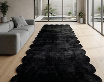 Black Scalloped Wool Runner Rug, Plush High Pile, Modern Abstract Design