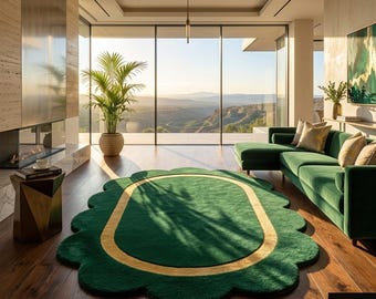 Emerald Green & Gold Scalloped Wool Rug, High Pile Handmade Tufted Carpet for Living Room Bedroom Playroom Decor, Custom Rectangular Sizes