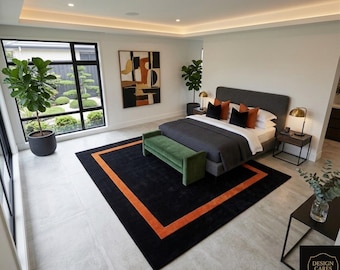 Hand Tufted Black Wool Rug, Modern Minimalist Rust Border, Plush Living Room Floor Rug