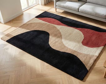 Hand Tufted Wool Modern Abstract Wavy Design, Black Beige Ivory & Red, Retro Mid Century Living Room, Bedroom Decor and Kids Nursery rug 5X8