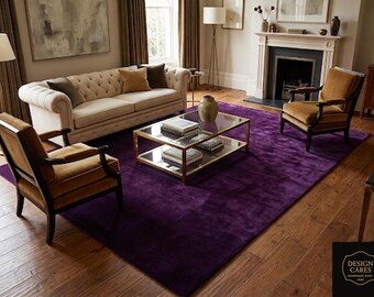 Deep Purple Hand Tufted Wool Rug Plush High Pile Solid Amethyst Carpet for Living Room Bedroom Cozy Decor Custom Rectangular Minimalist Rug