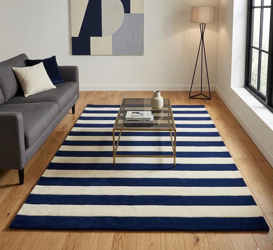 Navy Blue & Ivory Hand Tufted Modern Abstract Striped Area Wool Rug ...