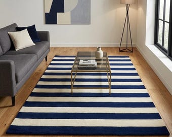 Navy Blue & Ivory Hand Tufted Modern Abstract Striped Area Wool Rug Minimalist Living Room Carpet, Bedroom and Dining Custom Nursery Rug 5X8