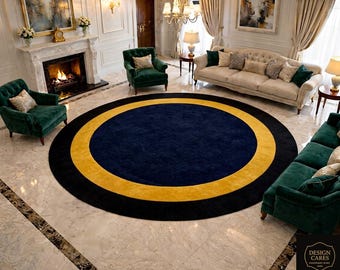 Navy Blue & Gold Circle with Black Wool Rug - Art Deco Hand Tufted Round Carpet for Entryway or Living Room, Luxurious Abstract Floor Decor
