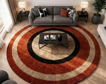 Round 9X9 Burnt Red Beige Rug Modern Concentric Circle Hand Tufted Wool Area Rug for Living room Bedroom Kitchen Nursery Custom size Carpets