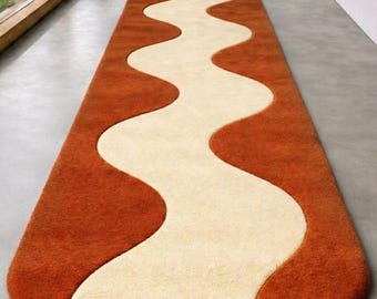 3X8 Burnt Orange Retro Runner Modern Abstract Hand Tufted Wool Irregular Wavy design Minimalist Rugs for Entryway Hallway & Custom Carpets