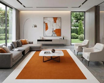 Alfombra de lana hecha a mano color naranja quemado con borde blanco, alfombra abstracta moderna para recibidor, cocina, dormitorio y alfombras minimalistas personalizadas de 8x10