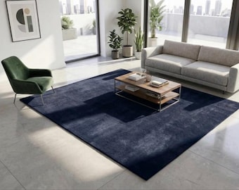 Navy Blue Contemporary Area Rug - Premium Hand Tufted Wool Carpet, 3D Textured Modern Floor Art for Elegant Living Room or Home Office