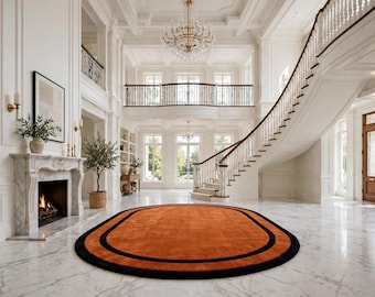 Handmade Tufted Wool Rug Rust Orange & Black Border | High Pile Plush Oval Carpet for Living Room, Playroom, Bedroom | Modern Warm Decor