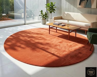 Terracotta Round Shag Rug | Plush Burnt Orange Circle Carpet for Modern Bedroom | Minimalist Mid Century Decor | Handmade Solid Floor Decor
