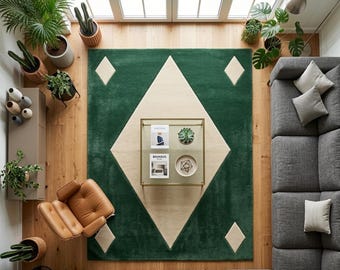 Diamond Deco Tufted Wool Rug Modern Geometric Emerald Green Minimalist Carpet & Contemporary Living Room Custom Size Bedroom Nursery Carpet