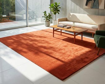 8X10 Hand Tufted Wool Modern Burnt Orange Area Rug, Soft Plush for Living Room, Contemporary Style Rug , Bedroom and Large Custom Carpets
