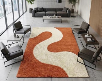 5X8 Modern Abstract Handmade Wool Area Rug in Burnt Orange & Cream, Contemporary Custom Size Living Room Area Carpet, Minimalist Custom Rugs