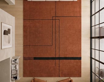 Modern Abstract Hand Tufted Wool Terracotta & Black Area Rug Soft Plush for Living Room, Contemporary Style Rug , Bedroom and Custom Carpets