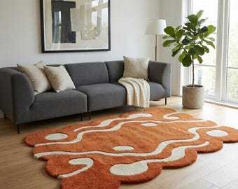 Burnt Orange Abstract Irregular Wavy Hand Tufted Wool 5X8 Modern Scalloped Shag Rug, Handmade Area Rug for Funky Living Room, Kids Room 8X10