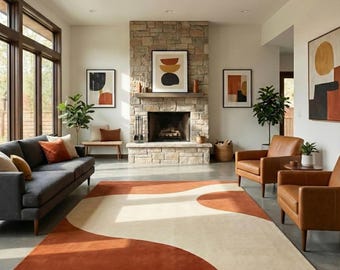 Hand-Tufted Wool Abstract Rug, Beige Burnt Orange Modern Carpet, Living Room Area 8x10