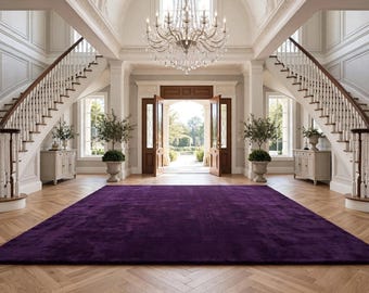 Deep Purple Wool Rug Handmade Tufted High Pile Carpet Rectangular Minimalist Area Rug for Living Room Bedroom and Custom Contemporary Rug