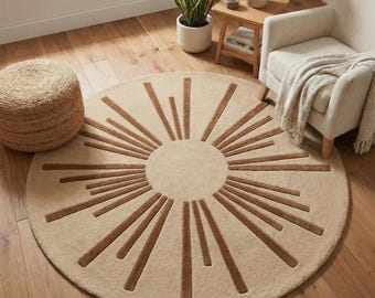 Modern 5X5 Round Hand Tufted Wool Area Rug in Beige with Brown Strips for Living room Bedroom Kitchen Nursery Handmade Custom size Carpet