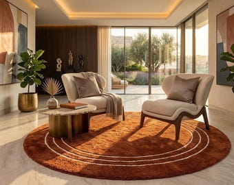 Terracotta Round Rug | Mid-Century Modern Boho Area Rug | Rust Orange Circular Carpet with White Concentric Circles | Nursery & Living Room