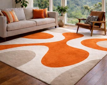 Modern Burnt Orange Ivory Hand Tufted Organic Pattern 5x7 Area Rugs For Living Room, Abstract Irregular Design 7x9 Handmade Kitchen Carpets