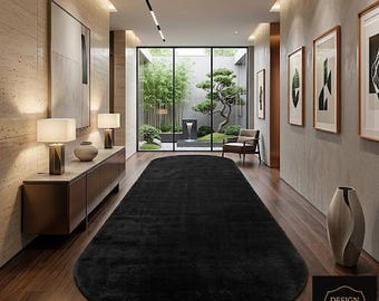 Solid Black Runner Rug, Hand Tufted Wool Hallway Runner, Minimalist Oval Entryway Carpet, Long Aesthetic Modern Floor Rug and Home Decor