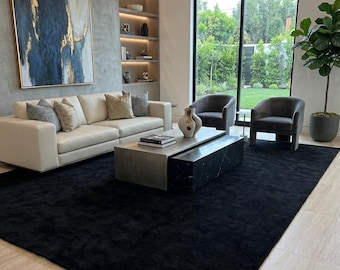 Black Solid Plush Area Rug - Thick Hand Tufted Wool Carpet for Warm Minimalist Living Room, Quiet Luxury Bedroom Decor Custom Area Rug