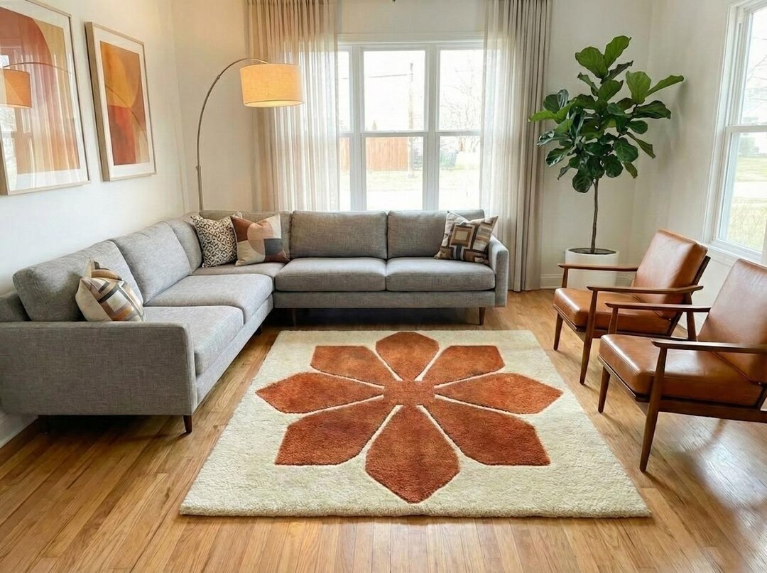 Hand Tufted Deep Carved Wool Rug, Modern Abstract Floral Design, Rust ...
