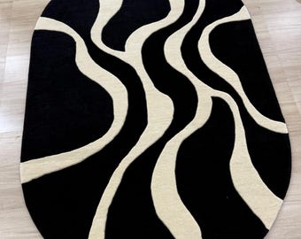 Hand-tufted Black Ivory Abstract Oval Wool Rug, Modern Minimalist Carpet for Bedroom Living Room and Home Decor, Designer Carpet & Flooring