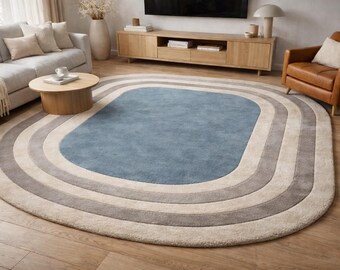 Modern 8X10 Oval Rug Blue and Beige, Scandi Style Area Rug, Minimalist Living Room Carpet, Soft Living room Bedroom Kids Nursery Rug Decor
