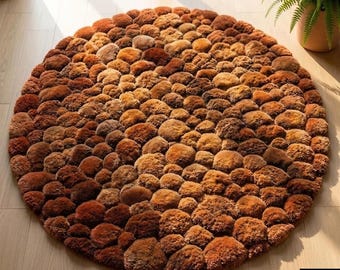 Round Terracotta Pebble Texture Rug, 3D Carved Hand-Tufted Wool Carpet, Earthy Brown Floor Rug for Biophilic Mid-Century Modern Home Decor