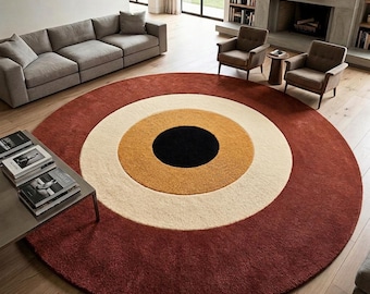 Hand-Tufted Wool Round Rug – Abstract Earth Tone Circles, Modern Minimalist Carpet (8X8)