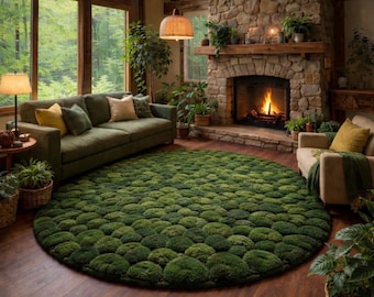 8X8 Round Moss Green Nature Inspired Hand Tufted Wool Area Rug Forest Green Textured Carpet for Living room Bedroom Kitchen Nursery Carpets