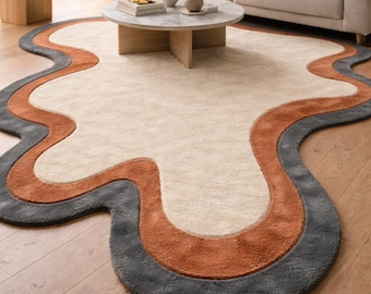 3D Carved Hand Tufted Wool Modern Abstract Melting Cream Terracotta Grey Area Rug, Irregular Organic Shape Contemporary Living Room Carpet