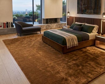 Solid Caramel Area Rug for Living Room, Thick Plush Shag Carpet, Custom Size Hand Tufted Modern Minimalist Bedroom Floor Decor Custom Size
