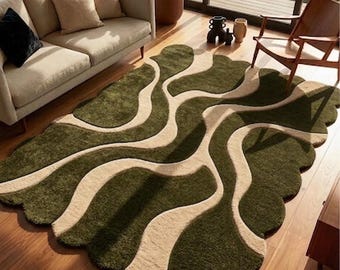 Handmade Wool Rug, Olive Green & Cream Wavy Tufted Carpet, Modern High Pile Area Rug for Living Room, Bedroom, Hallway, Organic Shape Decor