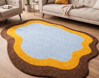 Hand Tufted Wool Modern Abstract Organic Wavy High Low 3D Mustard, Brown & Blue Area Rug, Irregular Shape Living Room Bedroom Decor Carpet