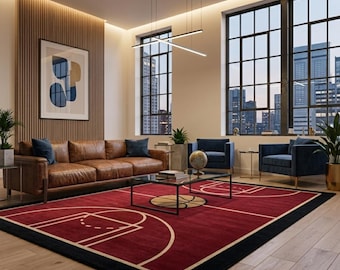 Modern Abstract Red & Black Basketball Hand Tufted Wool Area Carpets For Kid Room Contemporary Living Room, Bedroom, Kitchen Custom Rug 8X10